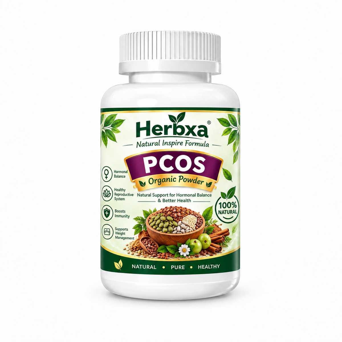 Herbxa PCOS Organic Powder bottle on white background